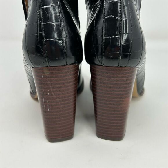 Mata Black Crocodile Side Split Pointy Toe Chunky Stacked Heel Booties Size 9 - Picture 6 of 12